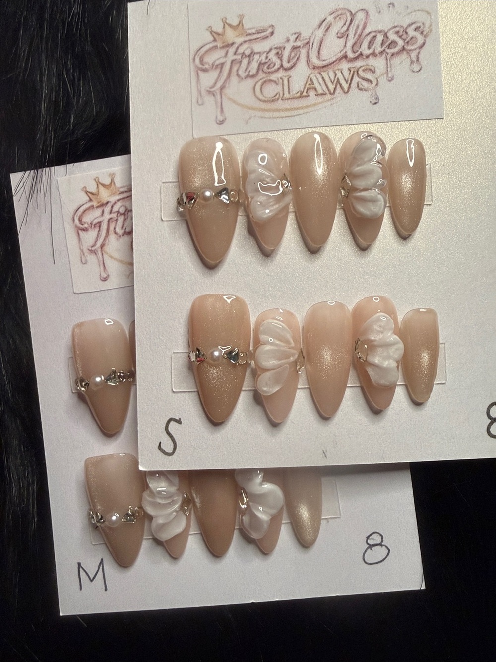 Nude Pearl Press-On Nails with 3D White Floral Accents